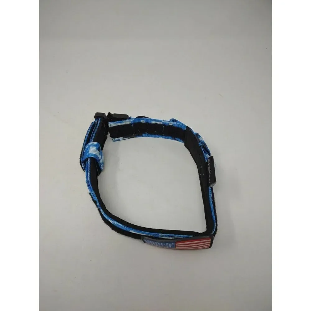 Dog Collar Blue Urban Camo With Flag Adjustable with Quick Release Fits 7 inch